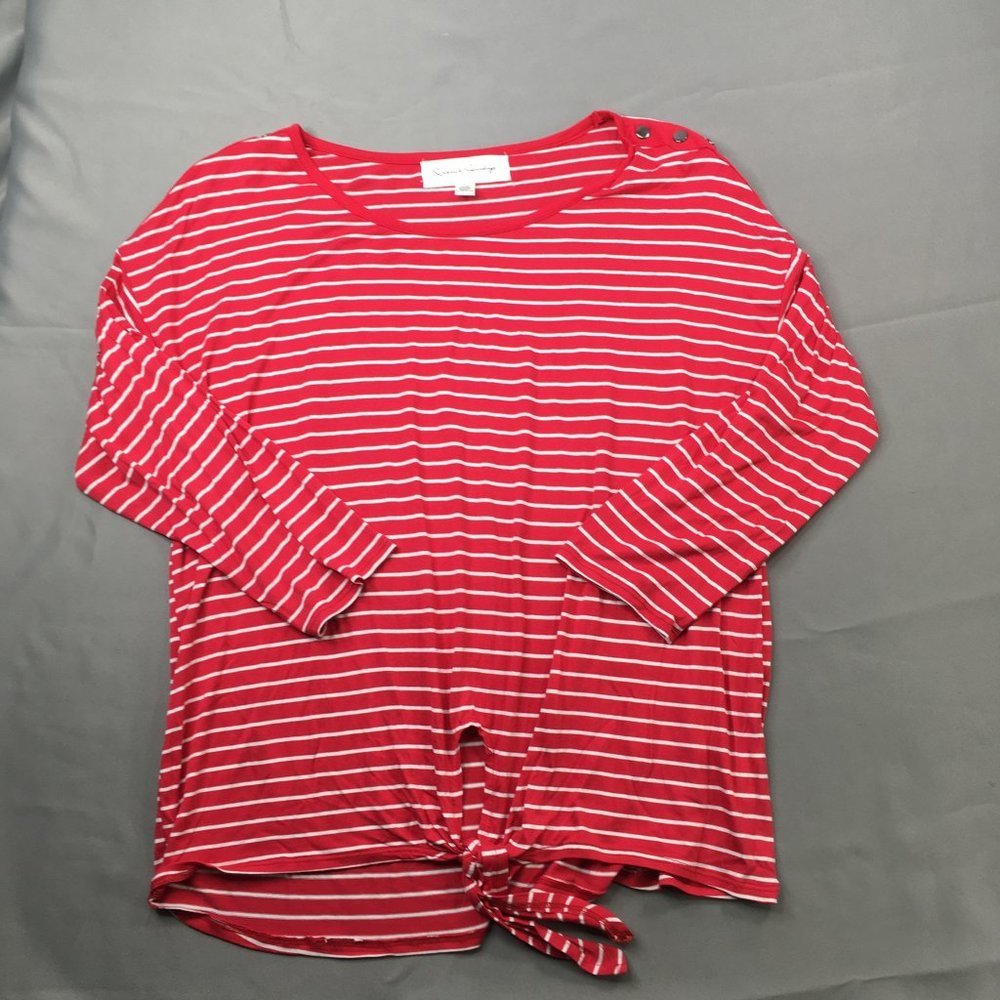 French‎ Laundry Womens Shirt Red White Large Striped Long Sleeve Tie #2034